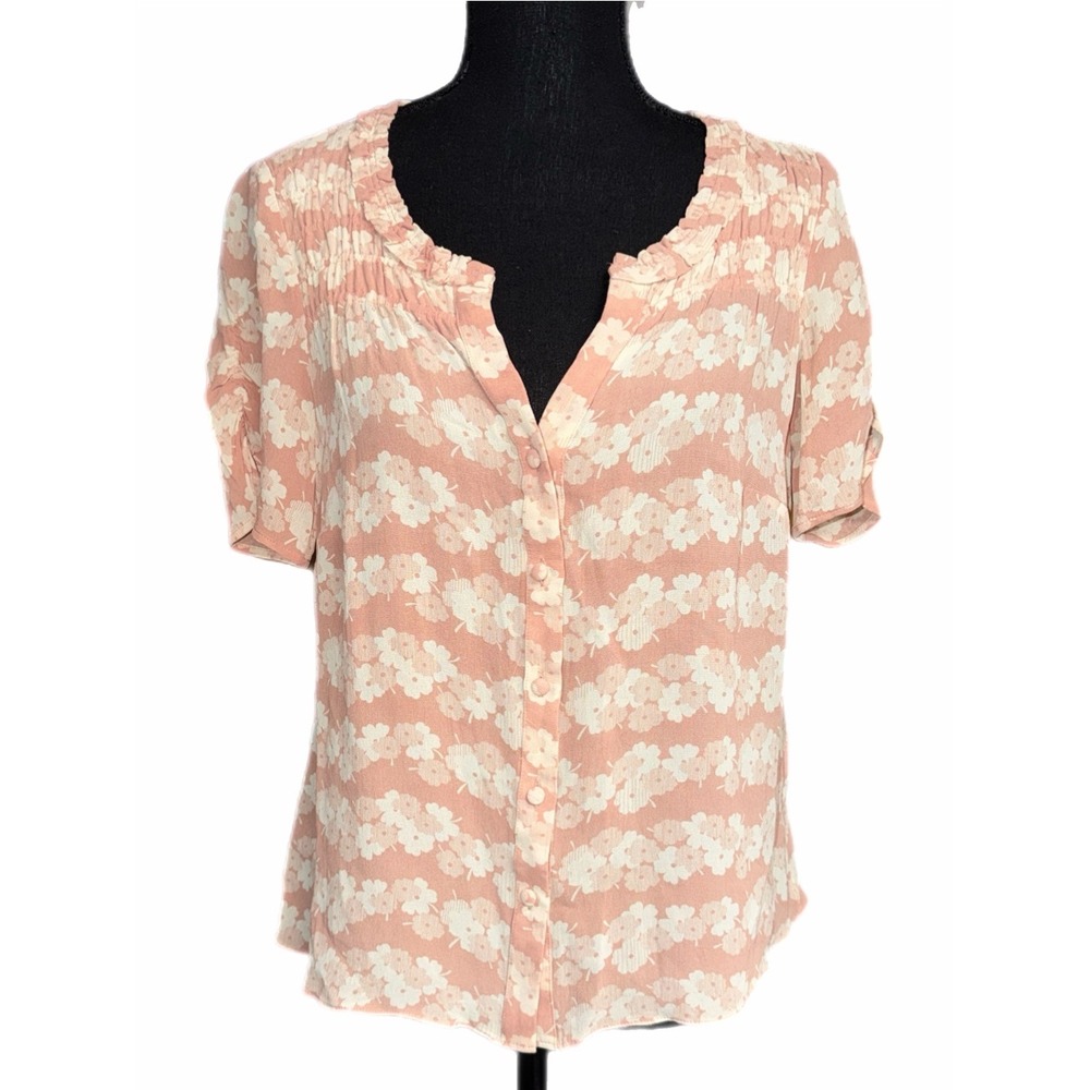 Boden Pink Floral Ruffle Neck Button Down Blouse US 6